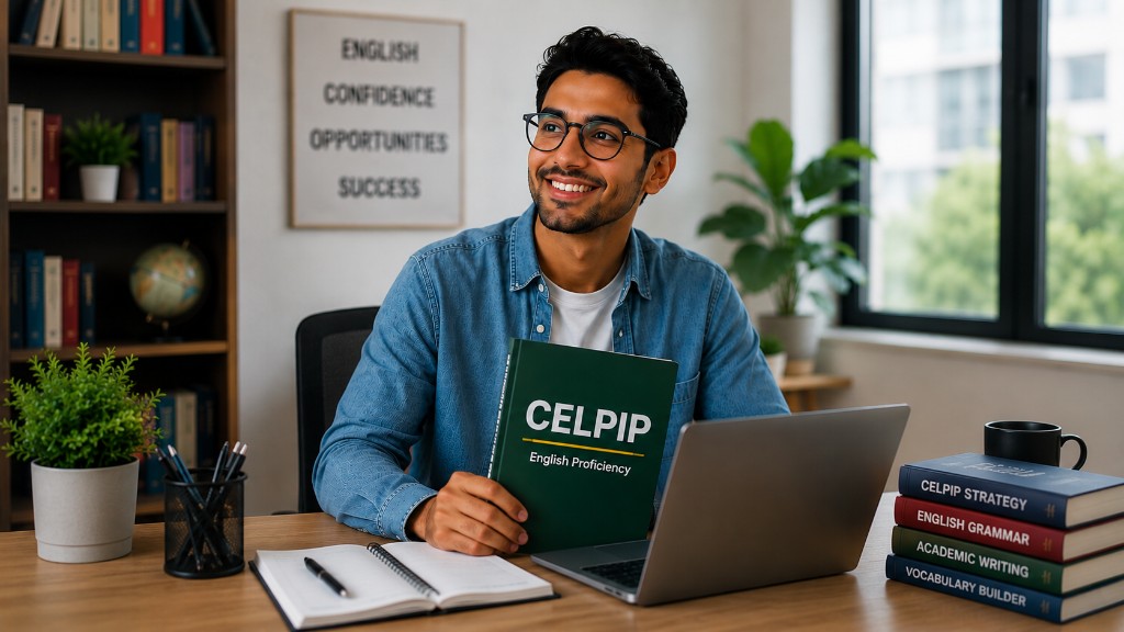 Student holding a CELPIP study book in an EnglishMax classroom
